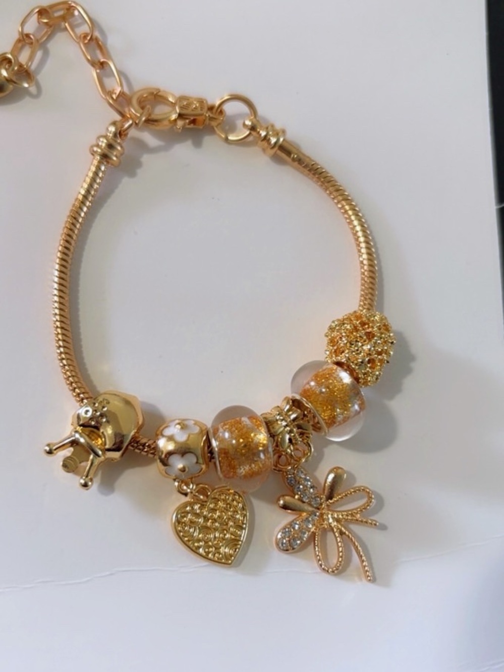 Gold-Tone Charm Bracelet with Amber Glitter Beads and Heart Charm